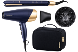 Kit Secador + Planchita Remington Sapphire Luxe S5805GP-220R con Estuche