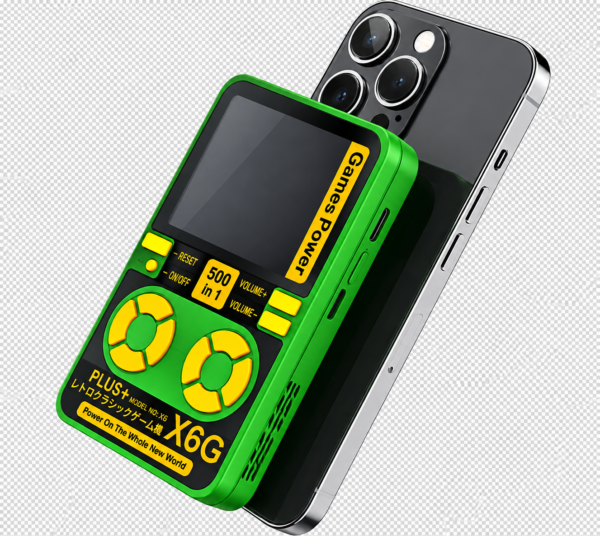 Mini consola portátil con batería externa: 500 juegos, 5000 mAh, carga inalámbrica magnética.